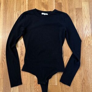 Black Long Sleeve Thong Bodysuit, Cotton Blend